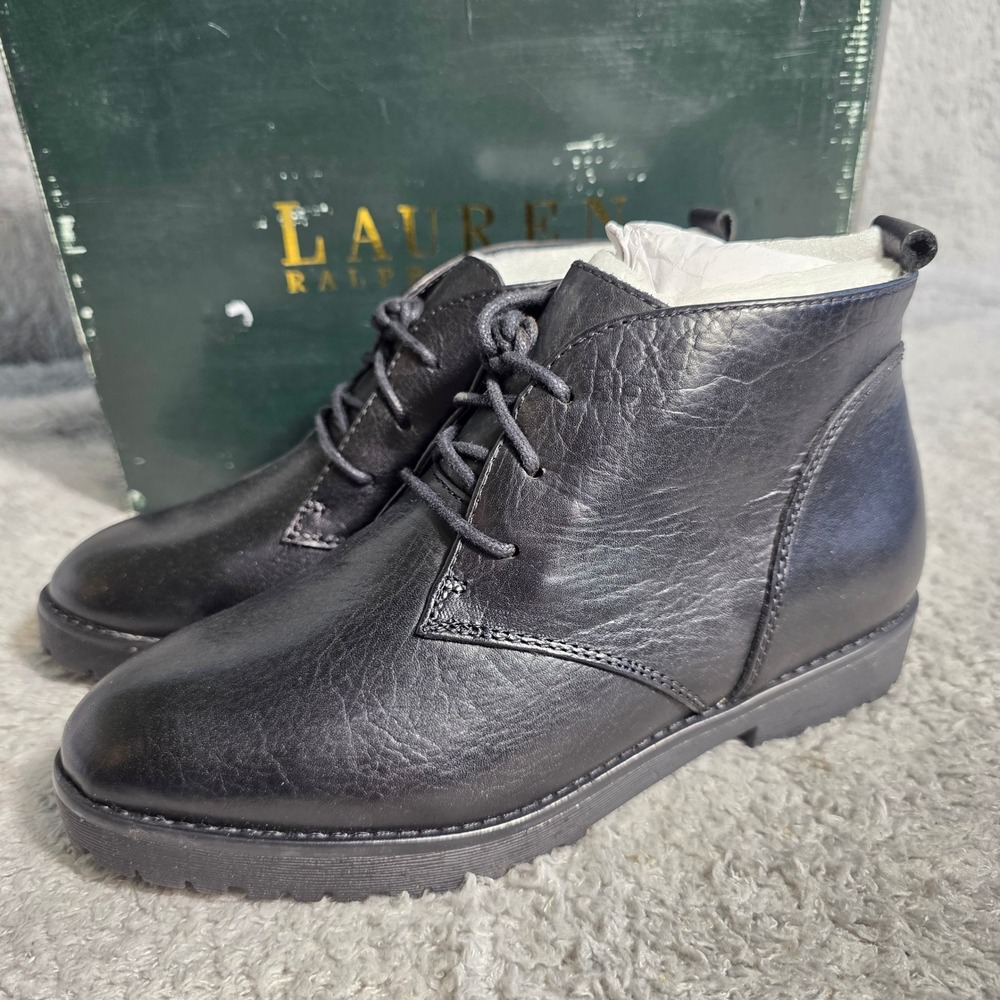 Ralph Lauren Malva Black Soft Leather Lace Up Chukka Ankle Boots Women‎ 5.5 NEW